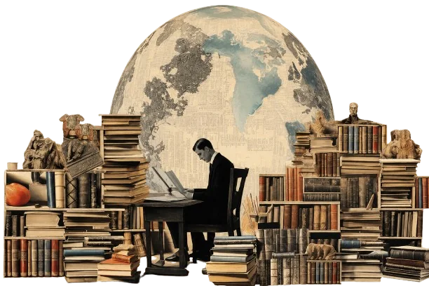 A researcher at a desk surrounded by books and a globe